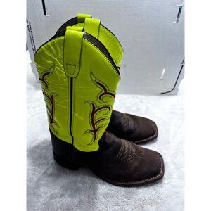 Old West Youth Cowboy Boots Size 7 D Neon Yellow & Brown Leather